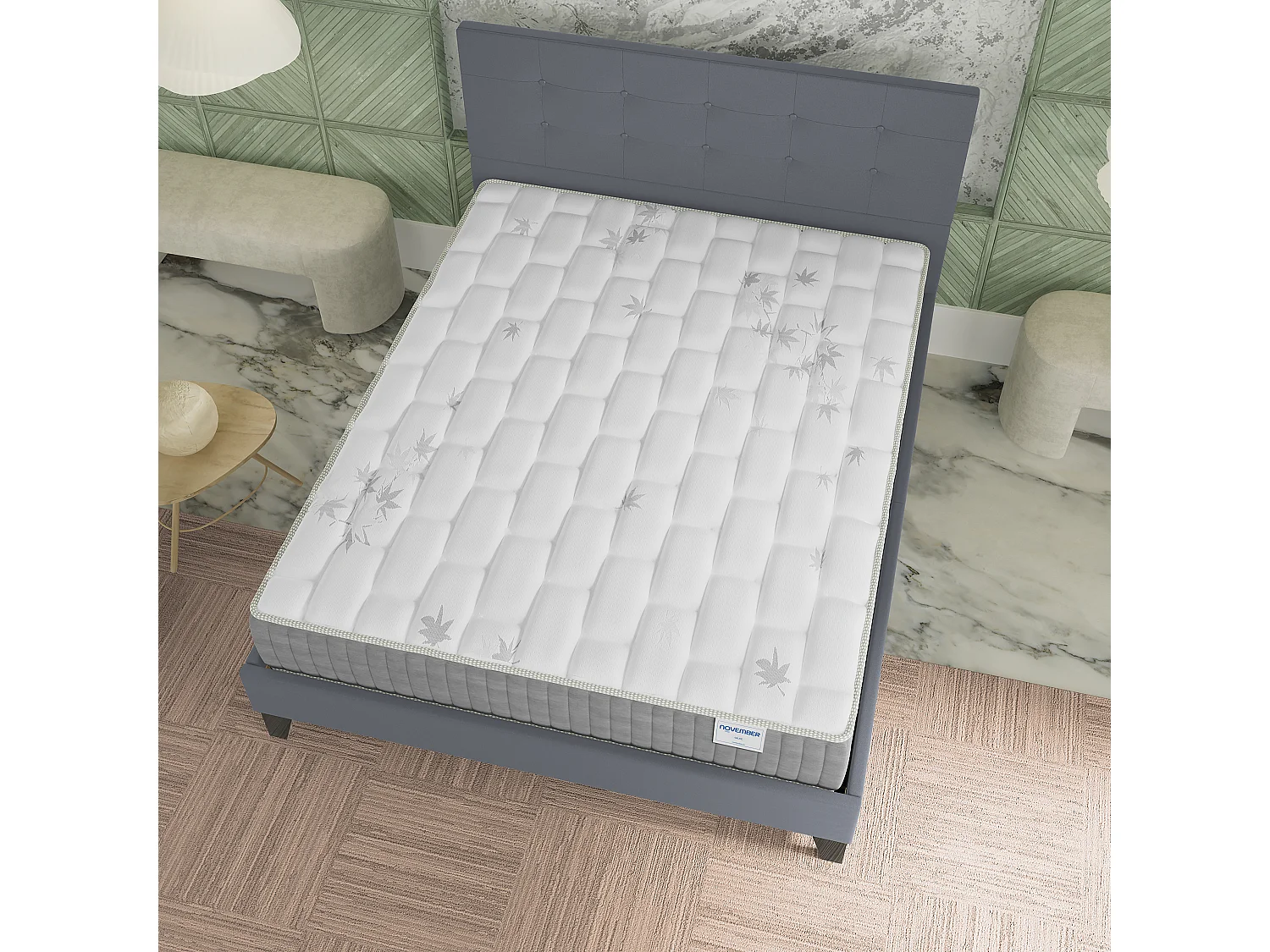 Ensemble 120x190 cm, lit avec tête de lit + matelas ressorts ensachés, ép. 25cm à mémoire de forme