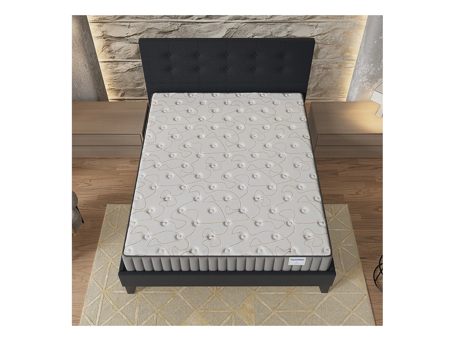 Ensemble Matelas + lit 120x190 cm, Matelas 16cm mousse + mémoire de forme, lit à tête de lit capitonnée similicuir noir