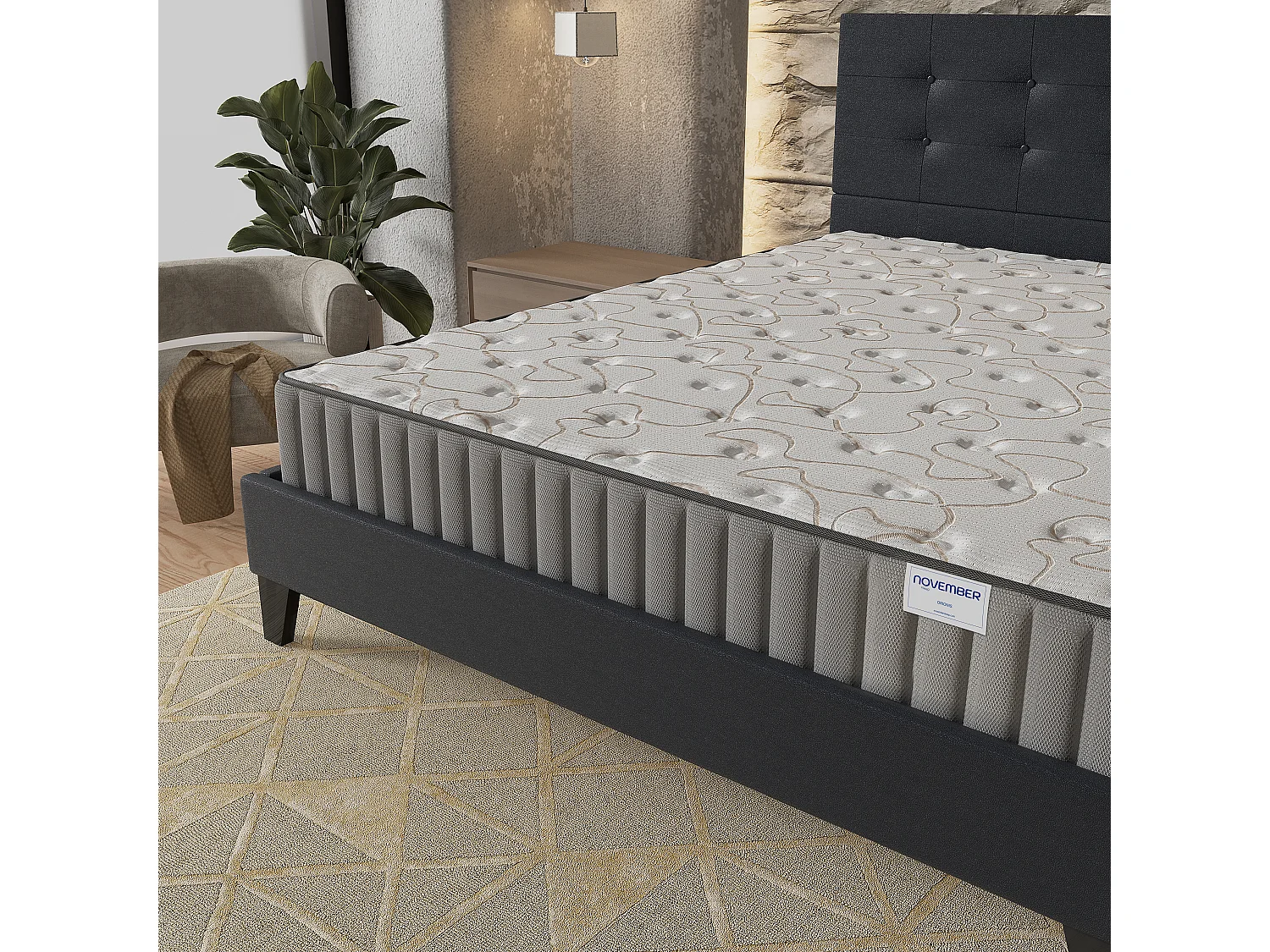 Ensemble Matelas + lit 120x190 cm, Matelas 16cm mousse + mémoire de forme, lit à tête de lit capitonnée similicuir noir
