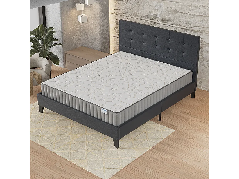 Ensemble Matelas + lit 160x200 cm, Matelas 22cm mousse + mémoire de forme, lit à tête de lit capitonnée similicuir noir