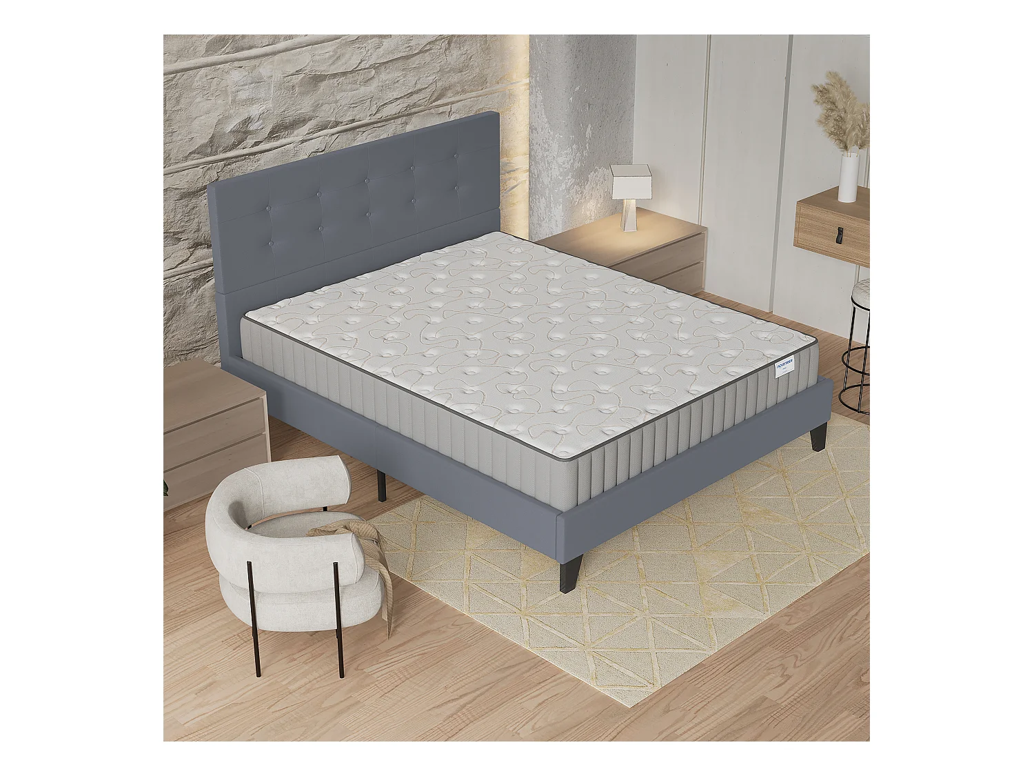 Ensemble matelas + lit 160x200 cm, matelas 16cm mousse + mémoire de forme, lit à tête de lit capitonnée similicuir gris