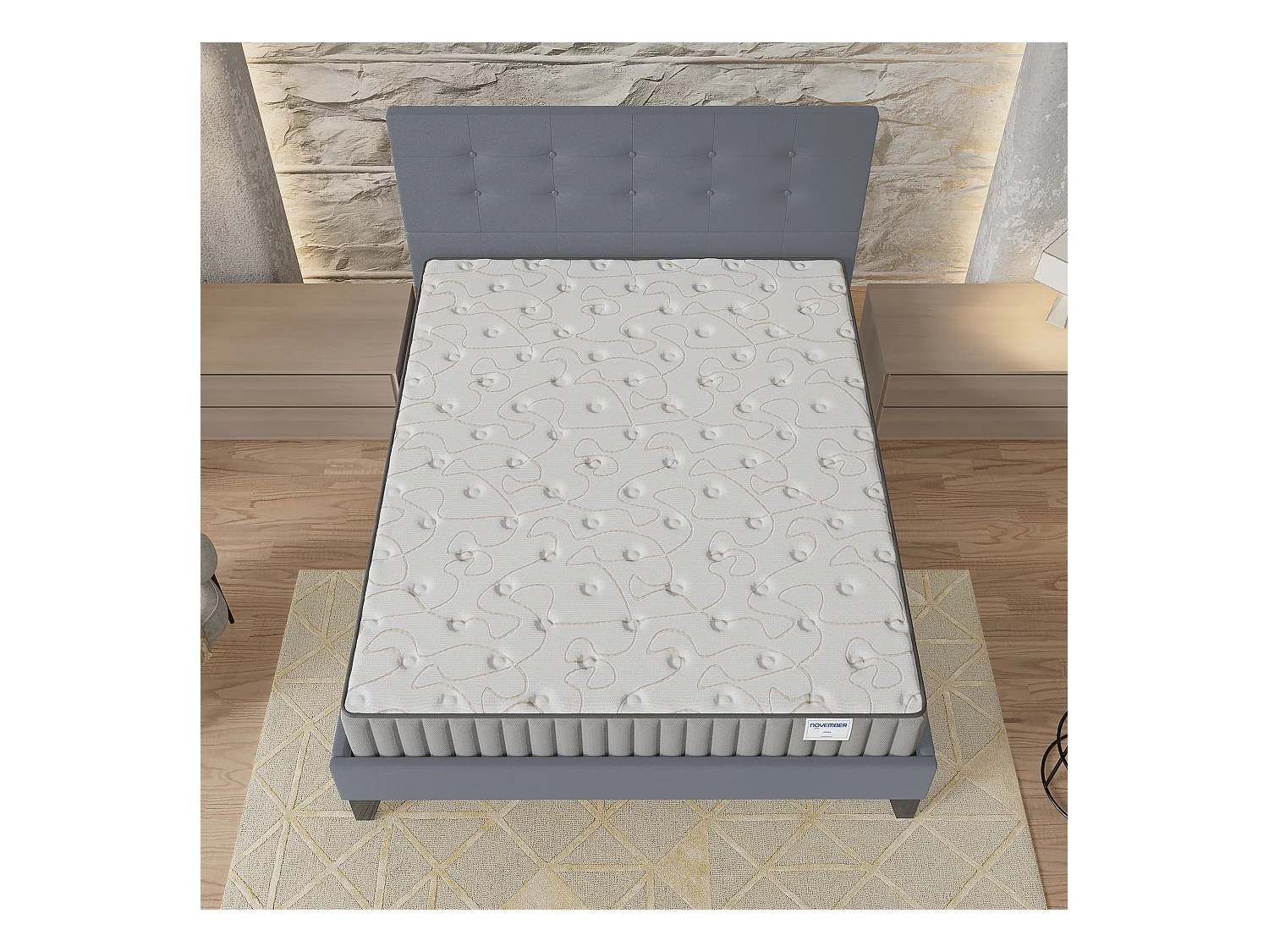 Ensemble matelas + lit 160x200 cm, matelas 16cm mousse + mémoire de forme, lit à tête de lit capitonnée similicuir gris