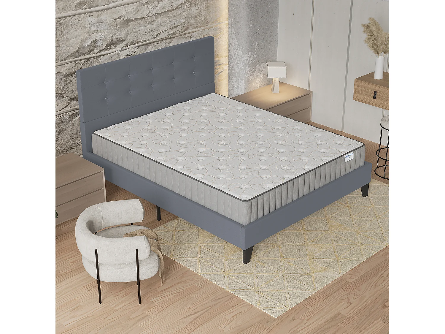 Ensemble matelas + lit 160x200 cm, matelas 16cm mousse + mémoire de forme, lit à tête de lit capitonnée similicuir gris