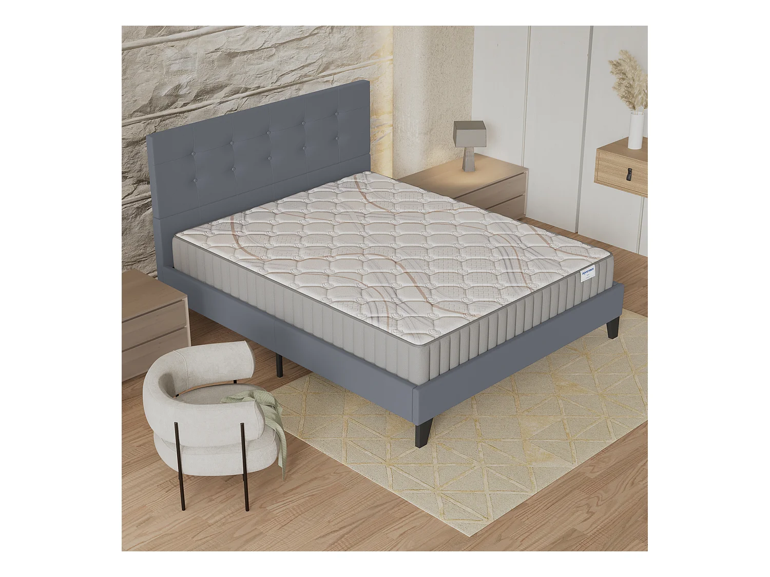 Ensemble matelas + lit 160x200 cm, matelas mousse accueil latex ép.22cm, lit à tête de lit capitonnée similicuir gris