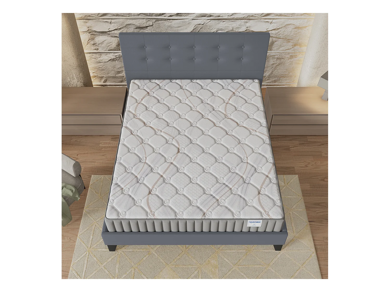 Ensemble matelas + lit 160x200 cm, matelas mousse accueil latex ép.22cm, lit à tête de lit capitonnée similicuir gris