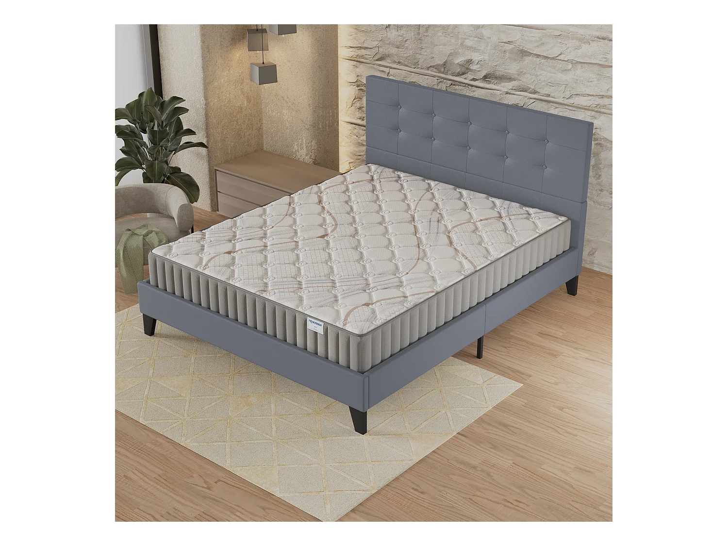 Ensemble matelas + lit 160x200 cm, matelas mousse accueil latex ép.22cm, lit à tête de lit capitonnée similicuir gris