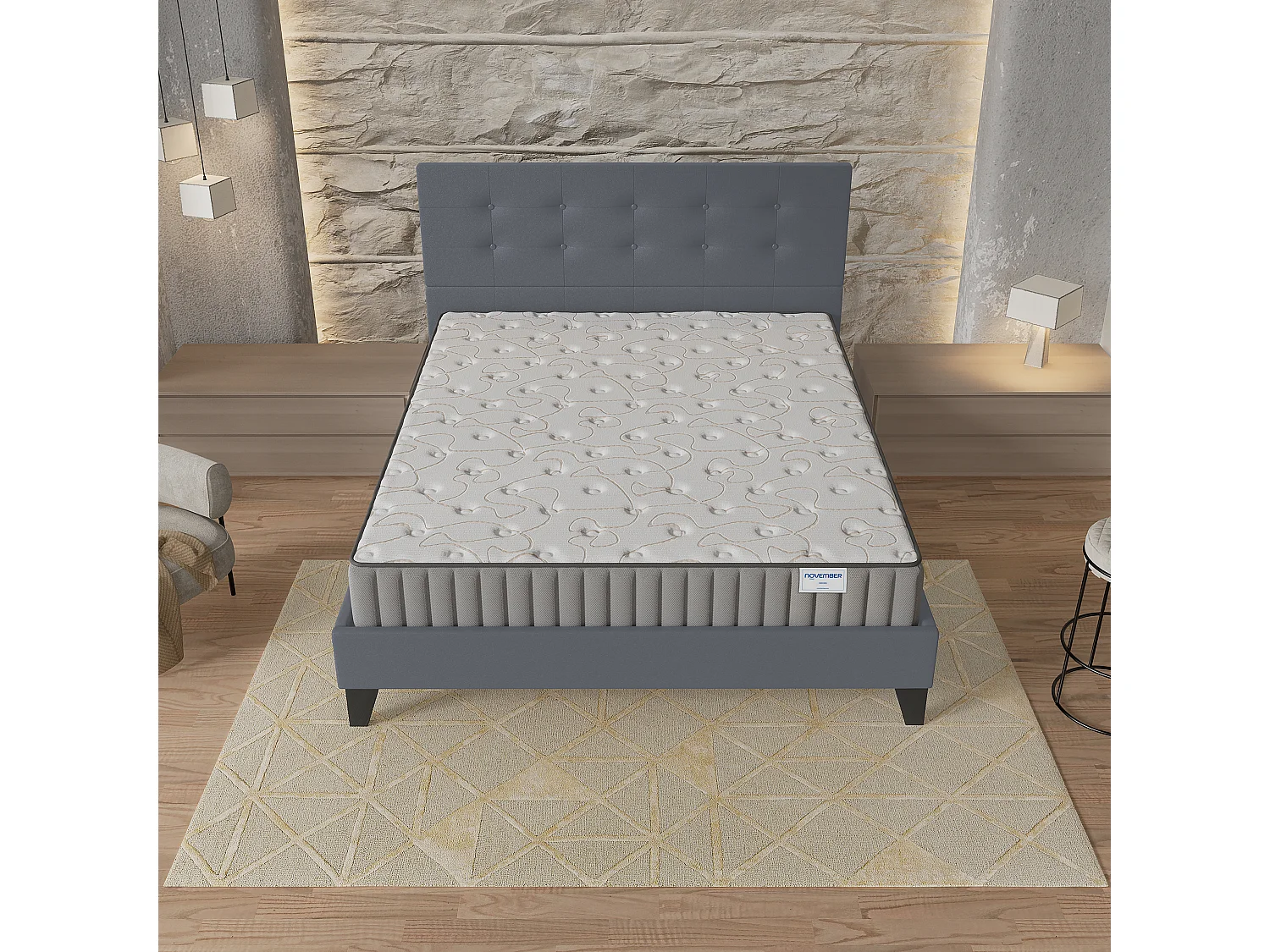 Ensemble matelas + lit 140x200 cm, matelas 22cm mousse + mémoire de forme, lit à tête de lit capitonnée similicuir gris