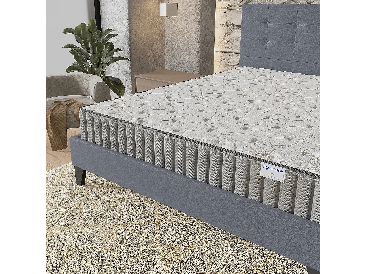 Ensemble matelas + lit 140x200 cm, matelas 22cm mousse + mémoire de forme, lit à tête de lit capitonnée similicuir gris