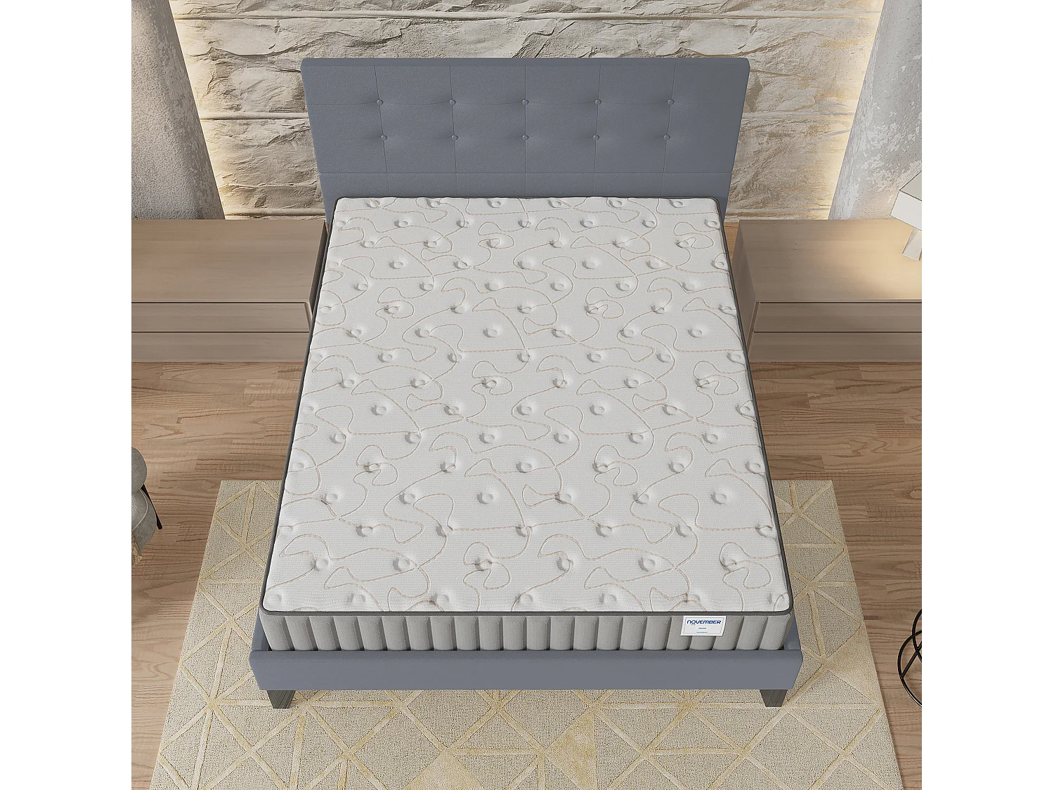 Ensemble matelas + lit 140x200 cm, matelas 22cm mousse + mémoire de forme, lit à tête de lit capitonnée similicuir gris