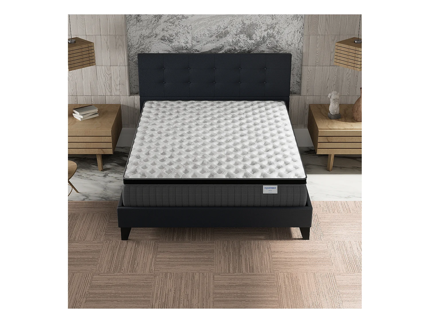 Ensemble matelas + lit 140x200 cm, matelas 30cm ressorts ensachés + mémoire de forme, lit à tête de lit capitonnée similicuir noir
