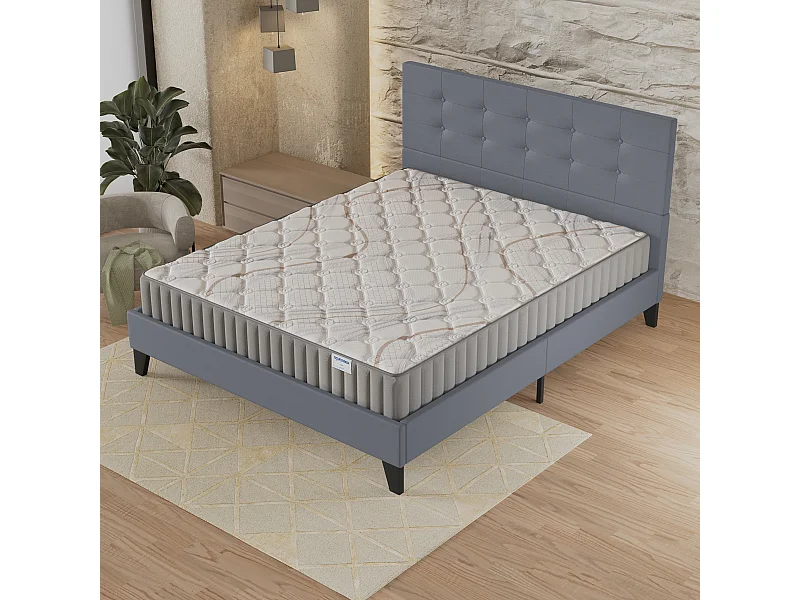 Ensemble matelas + lit 160x200 cm, matelas mousse accueil latex ép.16cm, lit à tête de lit capitonnée similicuir gris