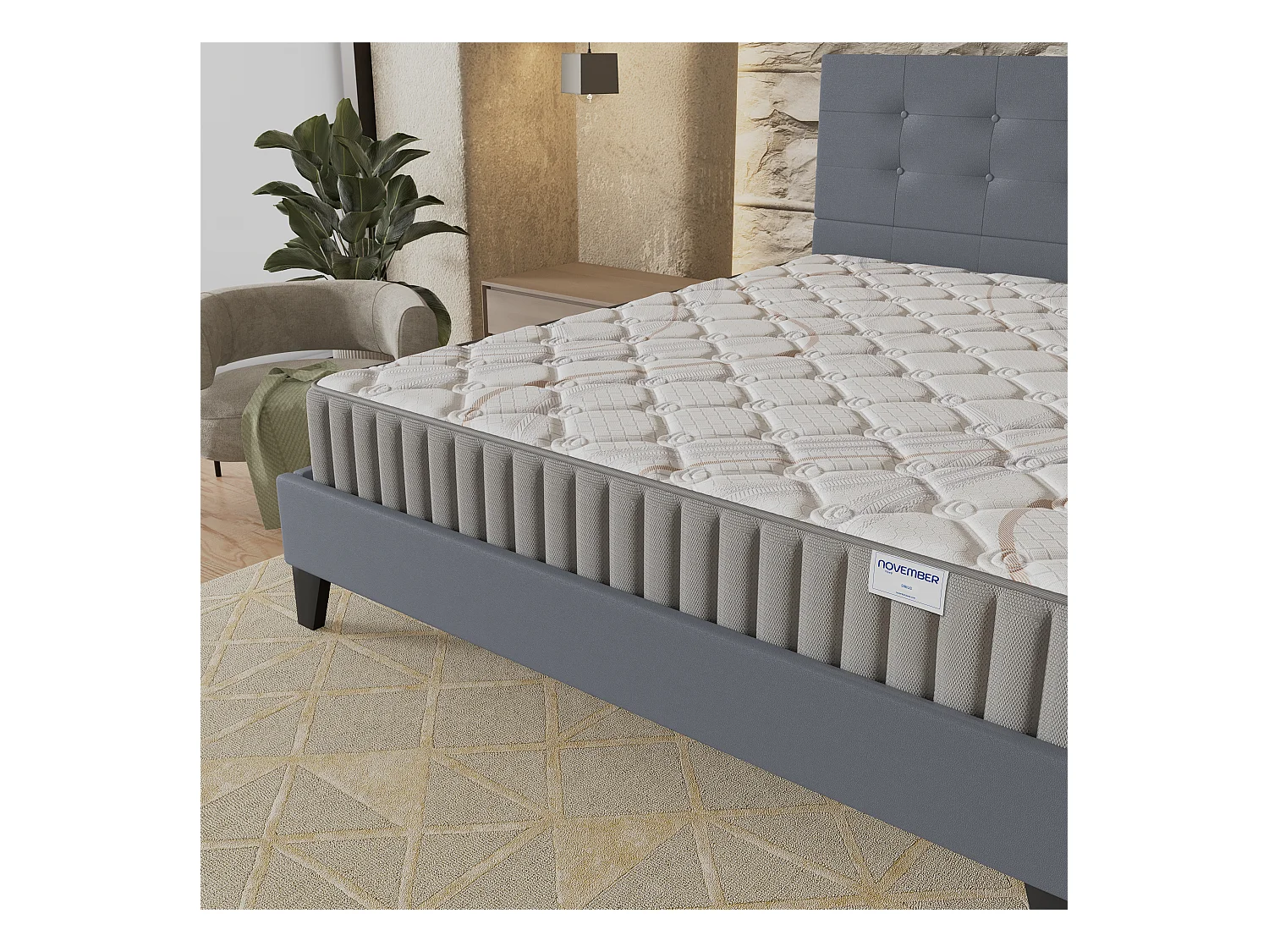Ensemble matelas + lit 160x200 cm, matelas mousse accueil latex ép.16cm, lit à tête de lit capitonnée similicuir gris