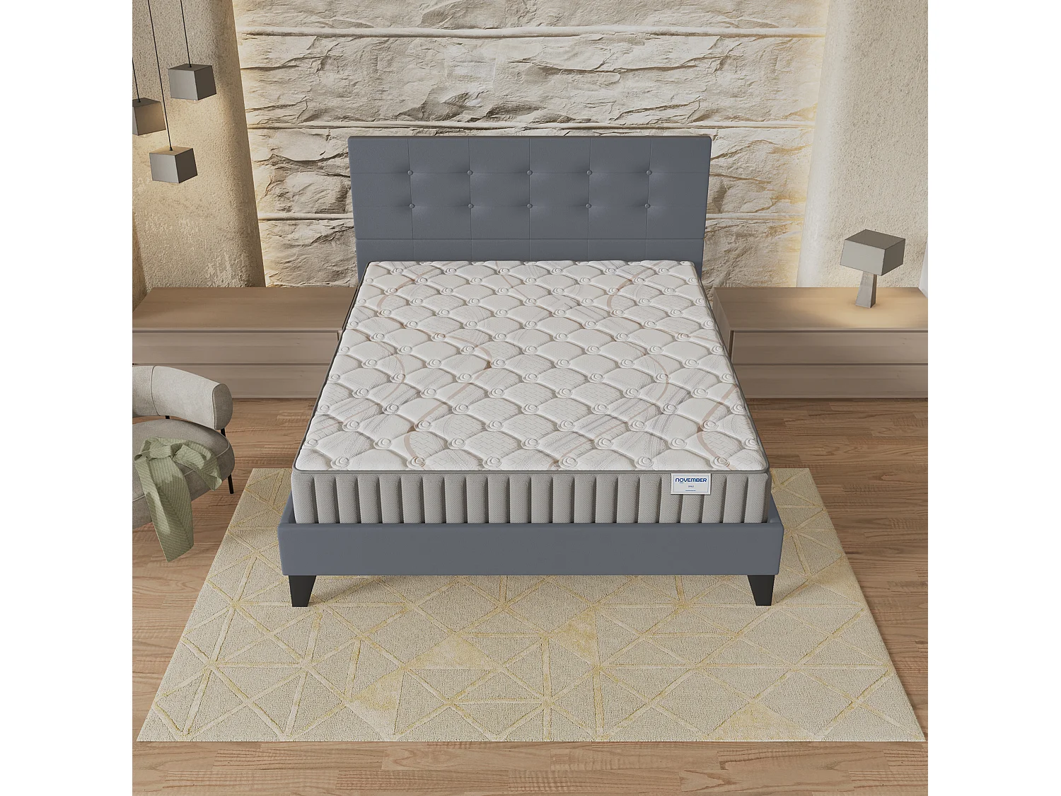 Ensemble matelas + lit 160x200 cm, matelas mousse accueil latex ép.16cm, lit à tête de lit capitonnée similicuir gris
