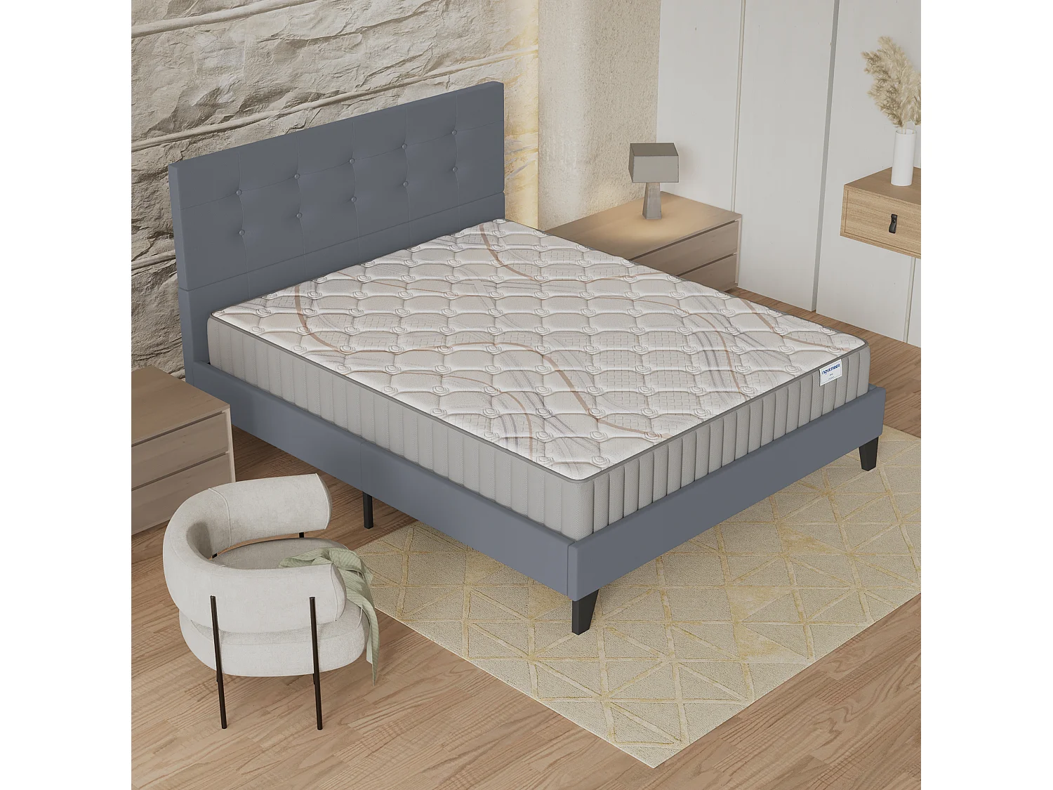 Ensemble matelas + lit 160x200 cm, matelas mousse accueil latex ép.16cm, lit à tête de lit capitonnée similicuir gris