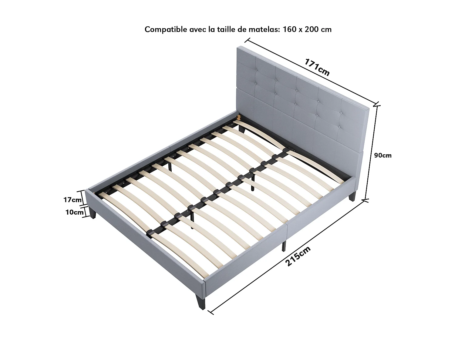 Ensemble matelas + lit 160x200 cm, matelas mousse accueil latex ép.16cm, lit à tête de lit capitonnée similicuir gris