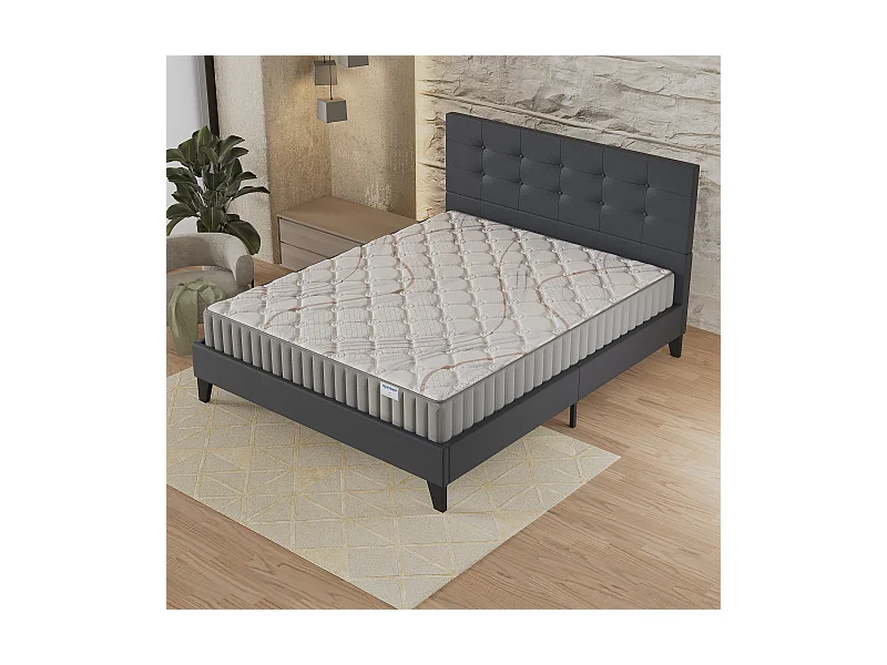 Ensemble matelas + lit 140x200 cm, matelas mousse accueil latex ép.22cm, lit à tête de lit capitonnée similicuir noir