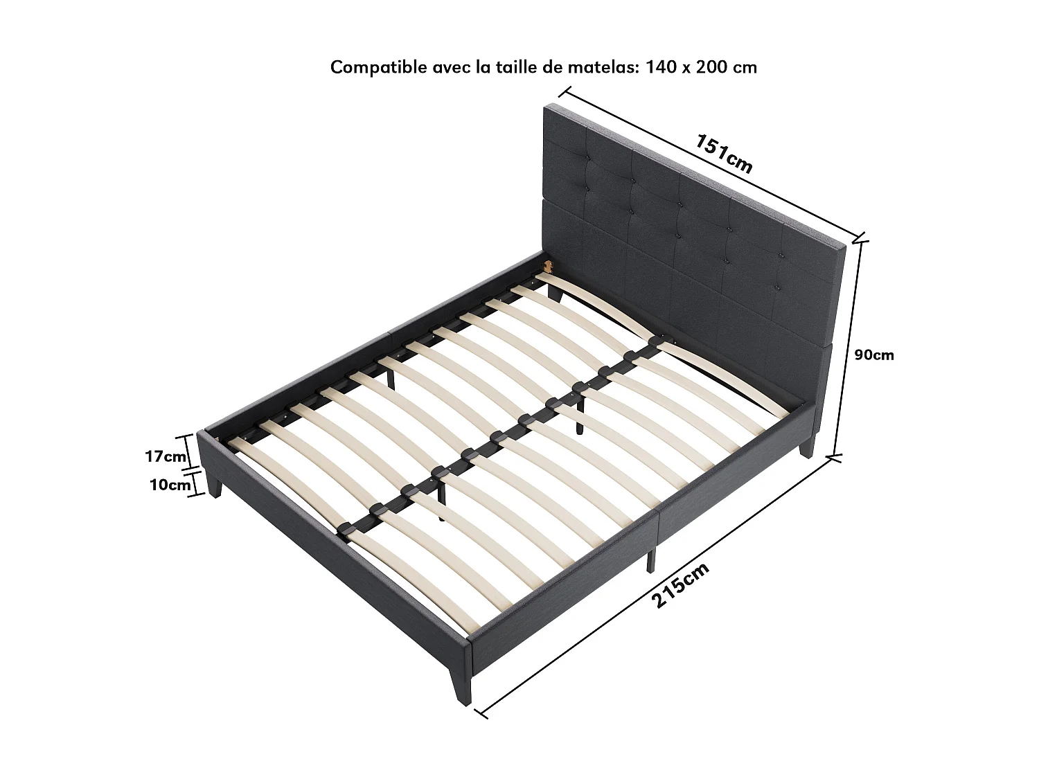Ensemble matelas + lit 140x200 cm, matelas mousse accueil latex ép.22cm, lit à tête de lit capitonnée similicuir noir