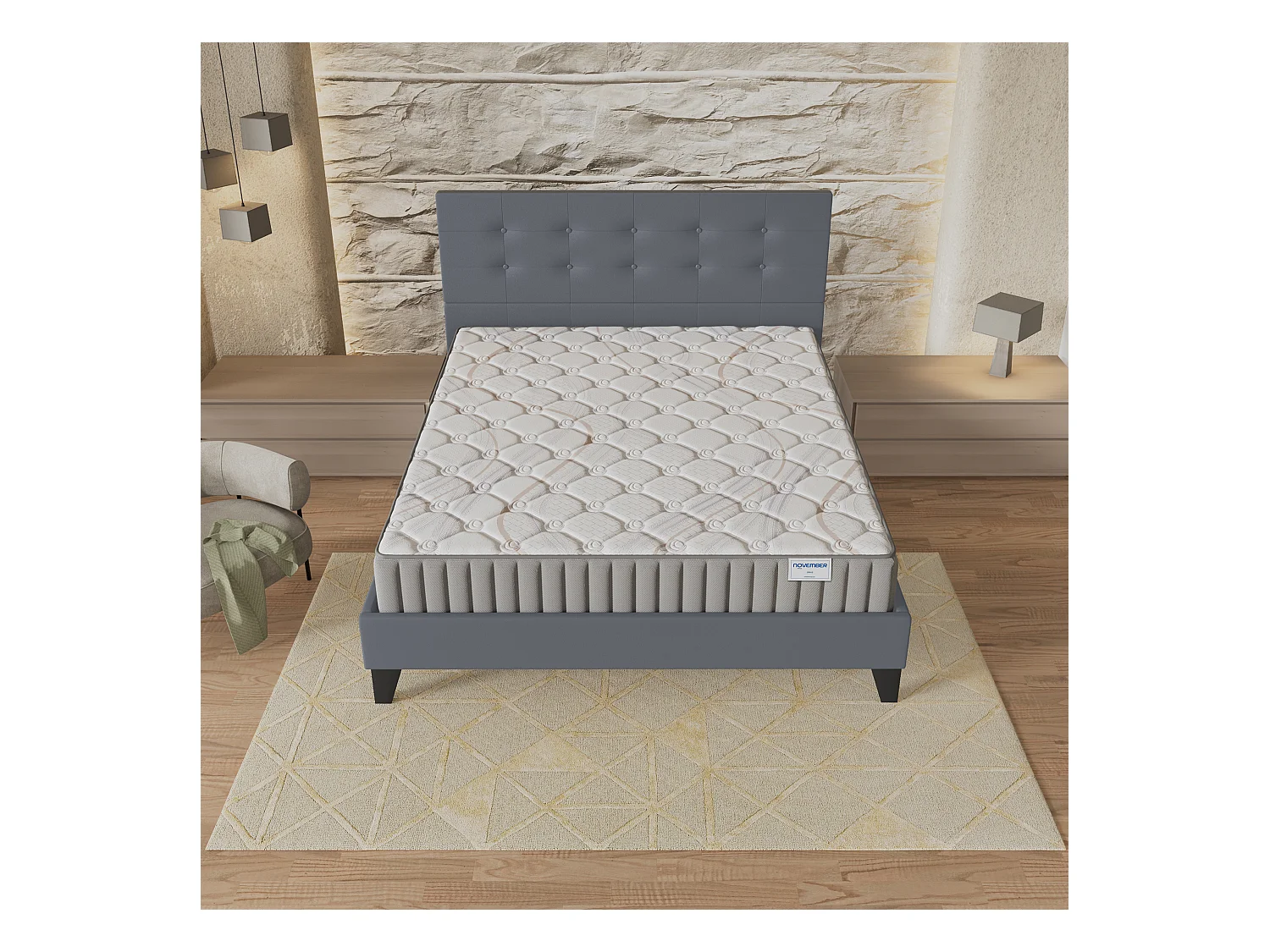 Ensemble matelas + lit 120x190 cm, matelas mousse accueil latex ép.16cm, lit à tête de lit capitonnée similicuir gris