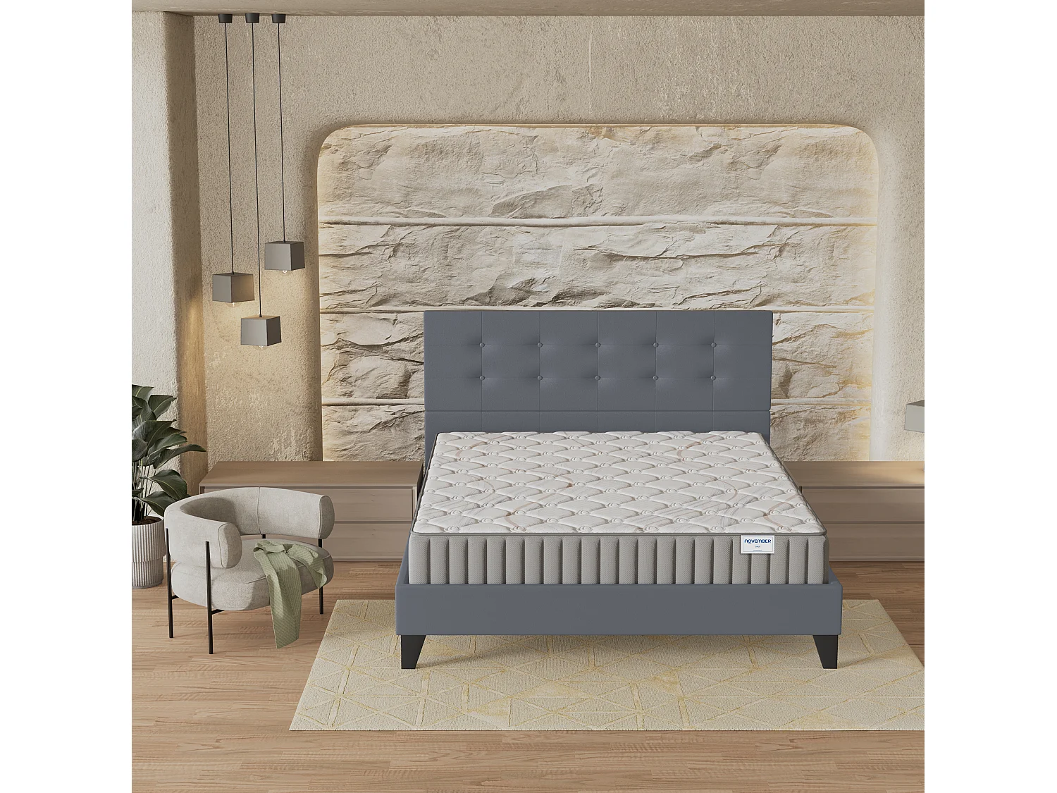 Ensemble matelas + lit 120x190 cm, matelas mousse accueil latex ép.16cm, lit à tête de lit capitonnée similicuir gris