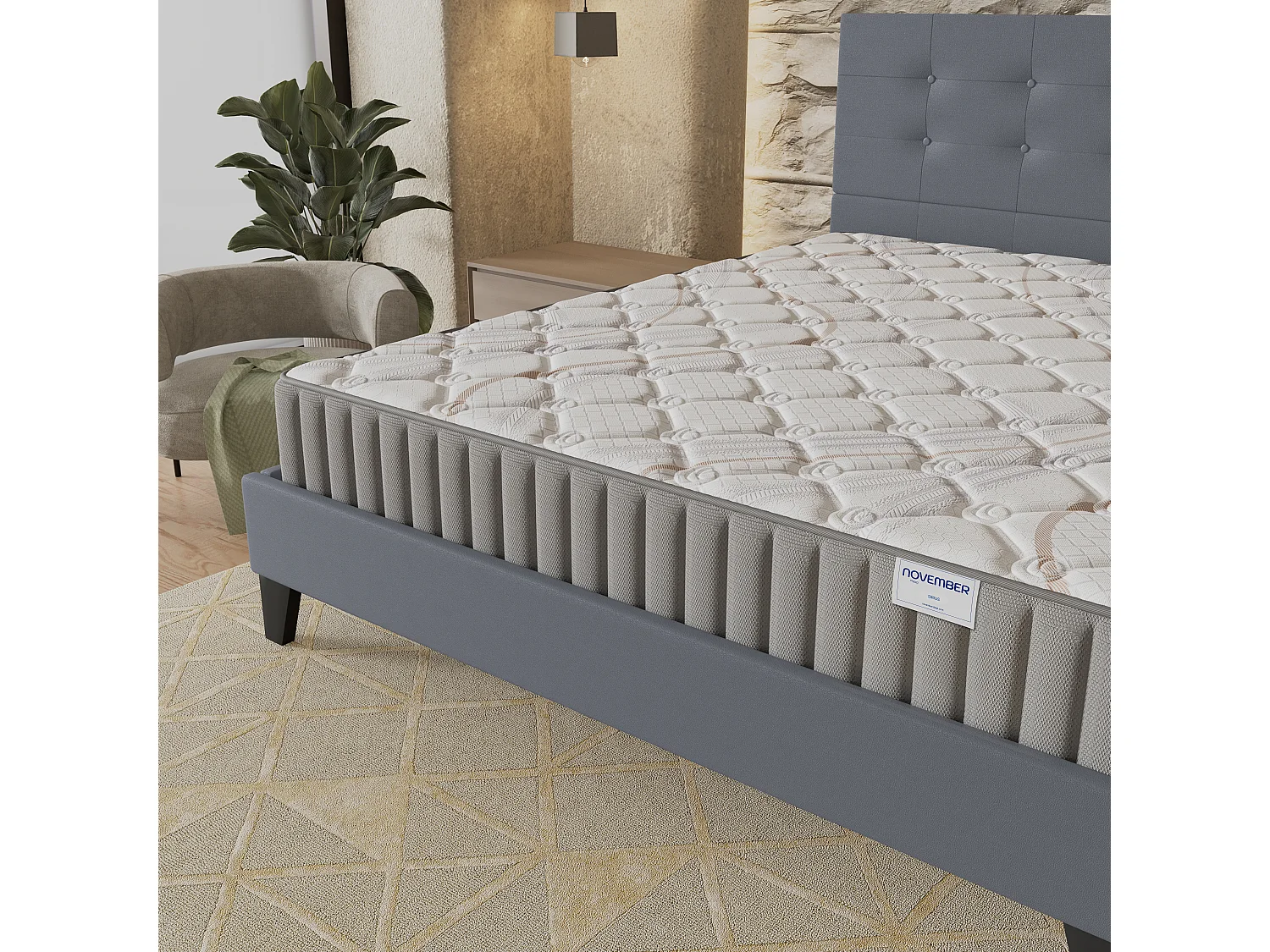 Ensemble matelas + lit 140x200 cm, matelas mousse accueil latex ép.16cm, lit à tête de lit capitonnée similicuir gris