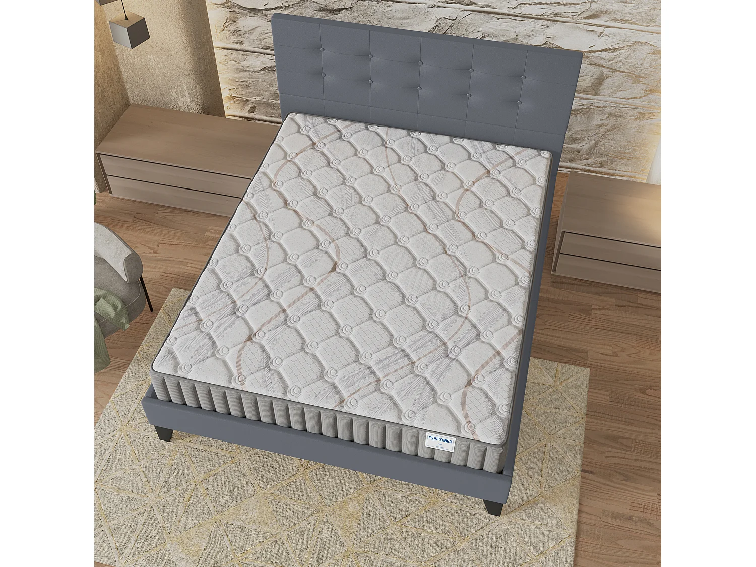Ensemble matelas + lit 140x200 cm, matelas mousse accueil latex ép.16cm, lit à tête de lit capitonnée similicuir gris