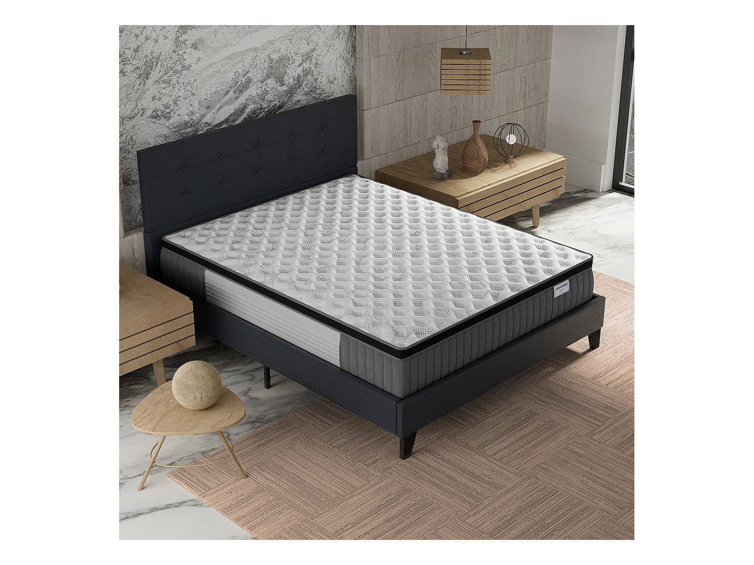 Ensemble matelas + lit 120x190 cm, matelas 30cm ressorts ensachés + mémoire de forme, lit à tête de lit capitonnée similicuir noir