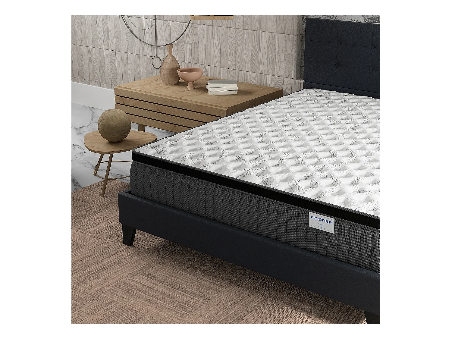Ensemble matelas + lit 120x190 cm, matelas 30cm ressorts ensachés + mémoire de forme, lit à tête de lit capitonnée similicuir noir