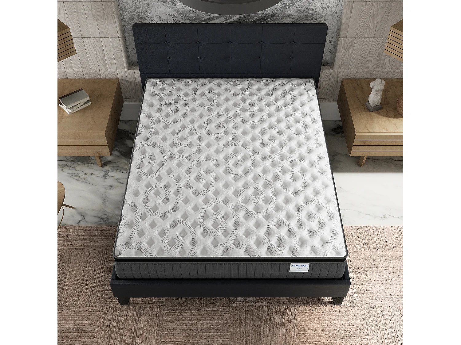 Ensemble matelas + lit 120x190 cm, matelas 30cm ressorts ensachés + mémoire de forme, lit à tête de lit capitonnée similicuir noir
