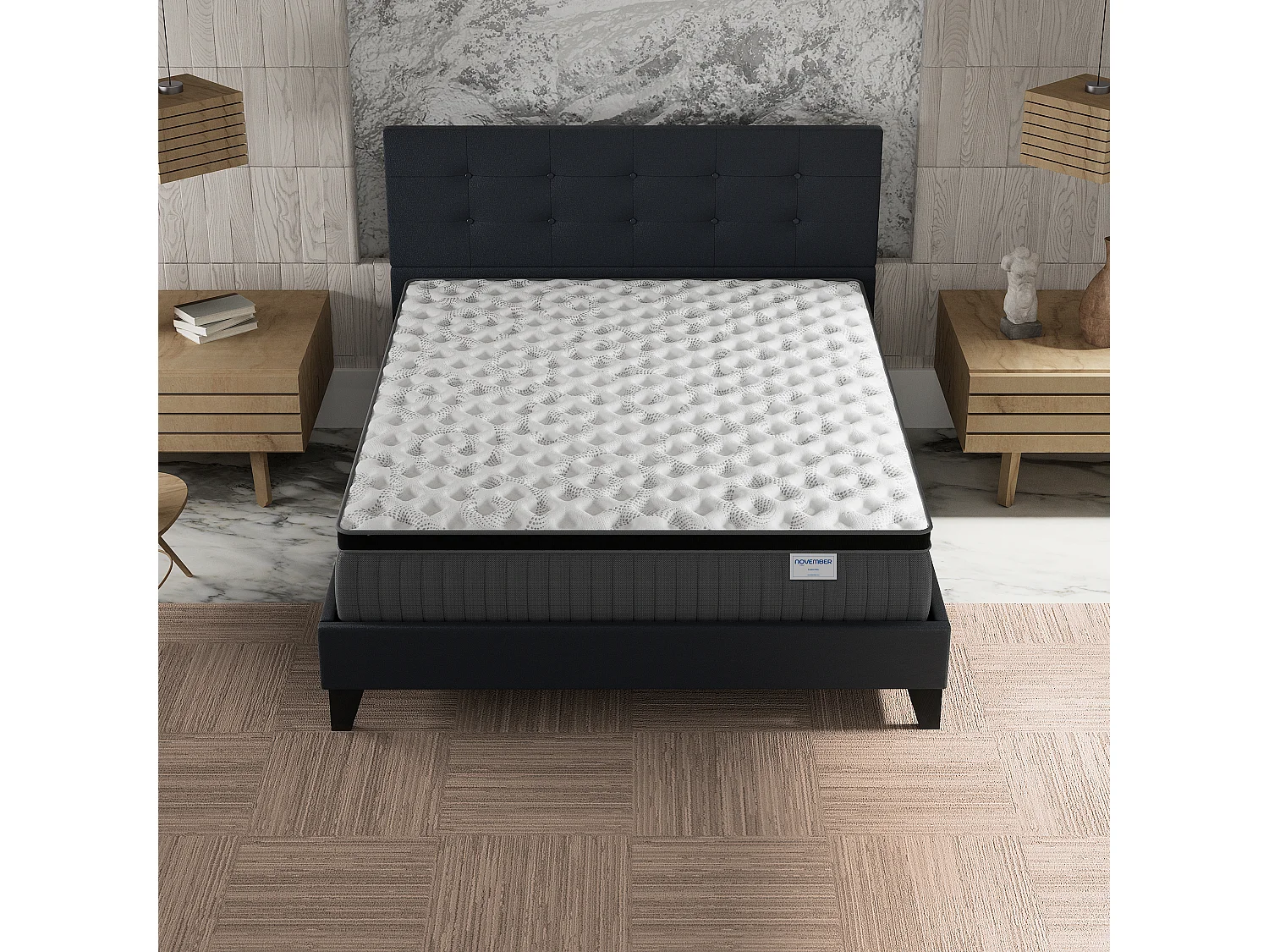 Ensemble matelas + lit 120x190 cm, matelas 30cm ressorts ensachés + mémoire de forme, lit à tête de lit capitonnée similicuir noir