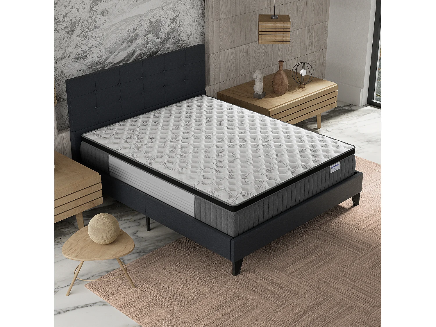 Ensemble matelas + lit 120x190 cm, matelas 30cm ressorts ensachés + mémoire de forme, lit à tête de lit capitonnée similicuir noir