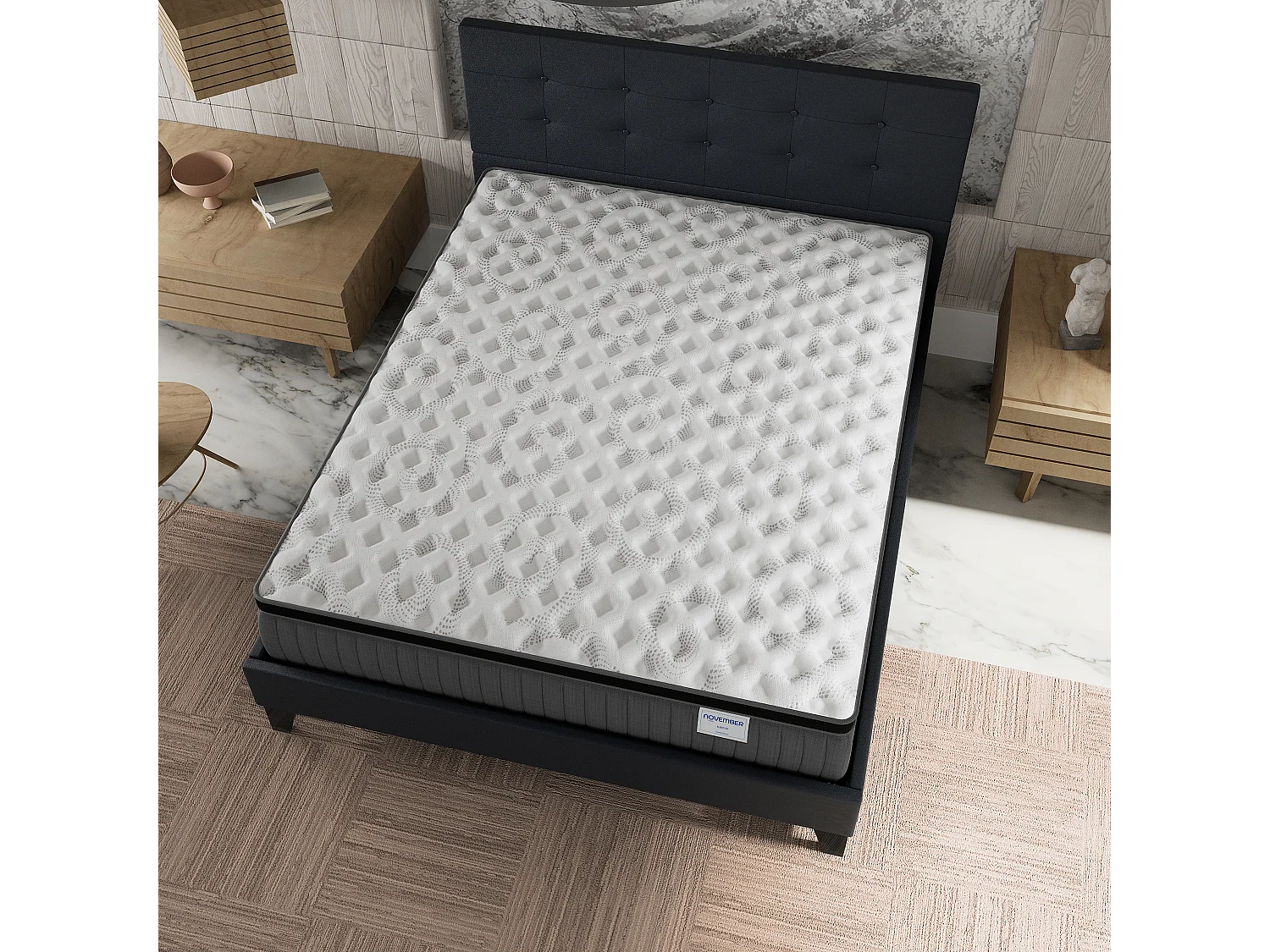 Ensemble matelas + lit 120x190 cm, matelas 30cm ressorts ensachés + mémoire de forme, lit à tête de lit capitonnée similicuir noir