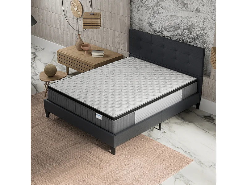 Ensemble matelas + lit 120x190 cm, matelas 30cm ressorts ensachés + mémoire de forme, lit à tête de lit capitonnée similicuir noir