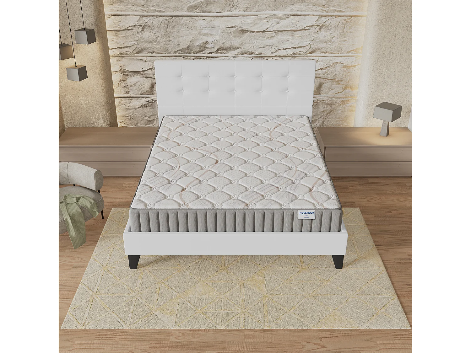 Ensemble matelas + lit 140x190 cm, matelas mousse accueil latex ép.22cm, lit à tête de lit capitonnée similicuir blanc