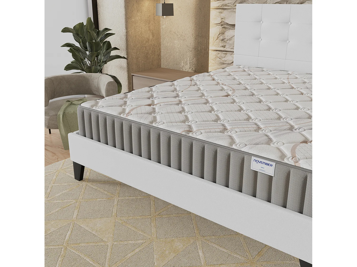 Ensemble matelas + lit 140x190 cm, matelas mousse accueil latex ép.22cm, lit à tête de lit capitonnée similicuir blanc