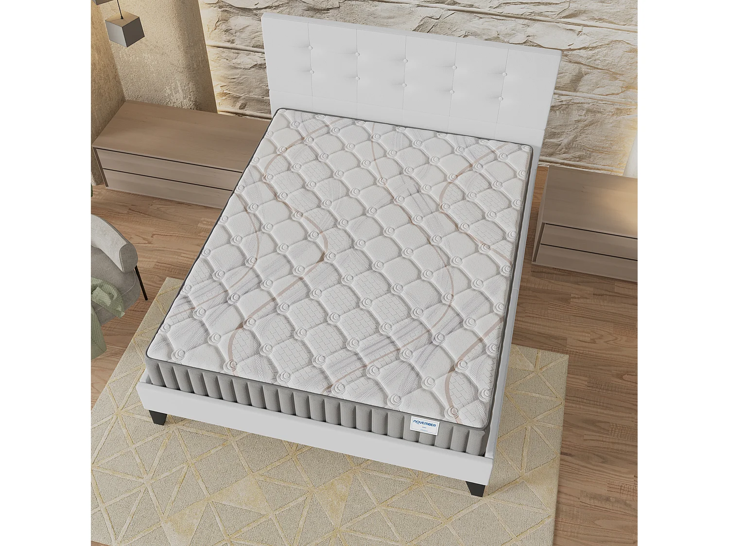 Ensemble matelas + lit 140x190 cm, matelas mousse accueil latex ép.22cm, lit à tête de lit capitonnée similicuir blanc