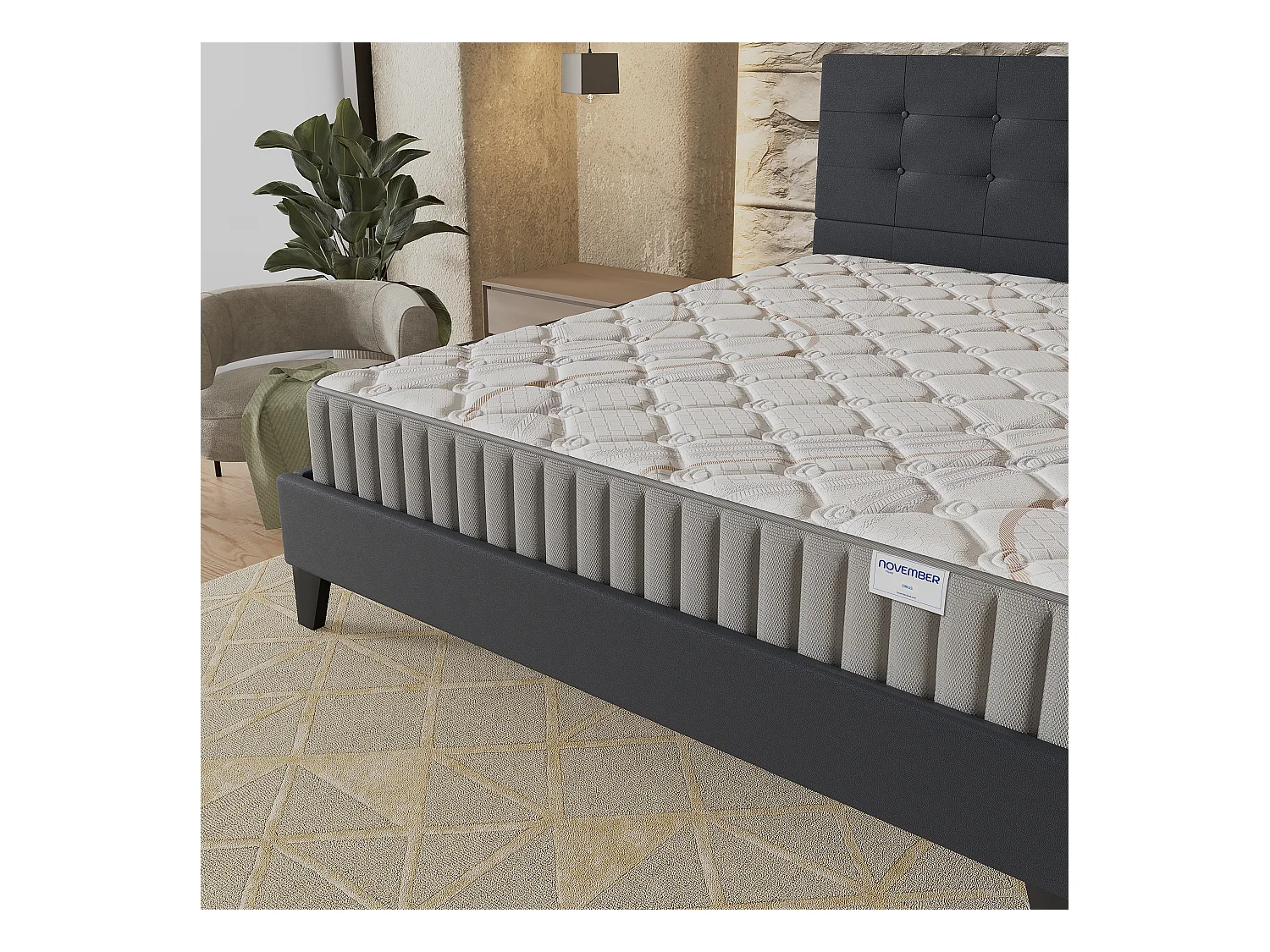 Ensemble matelas + lit 120x190 cm, matelas mousse accueil latex ép.22cm, lit à tête de lit capitonnée similicuir noir