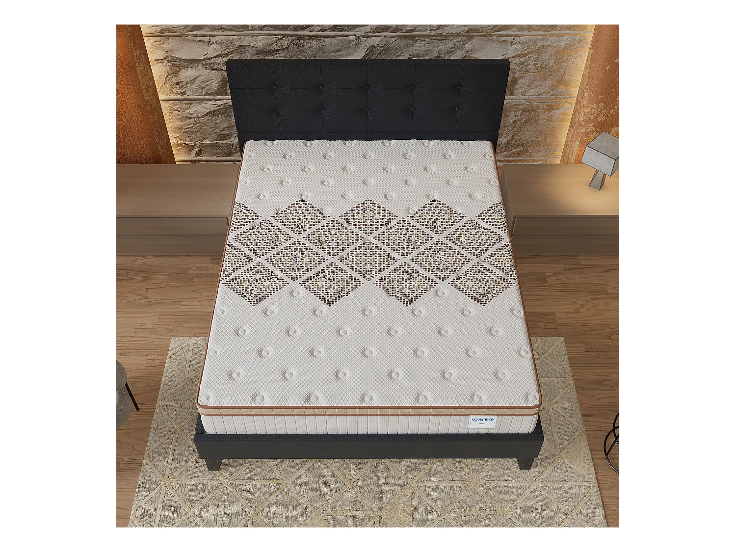 Ensemble Matelas + lit 140x200 cm, Matelas 28cm ressorts ensachés, accueil mousse, lit à tête de lit capitonnée similicuir noir