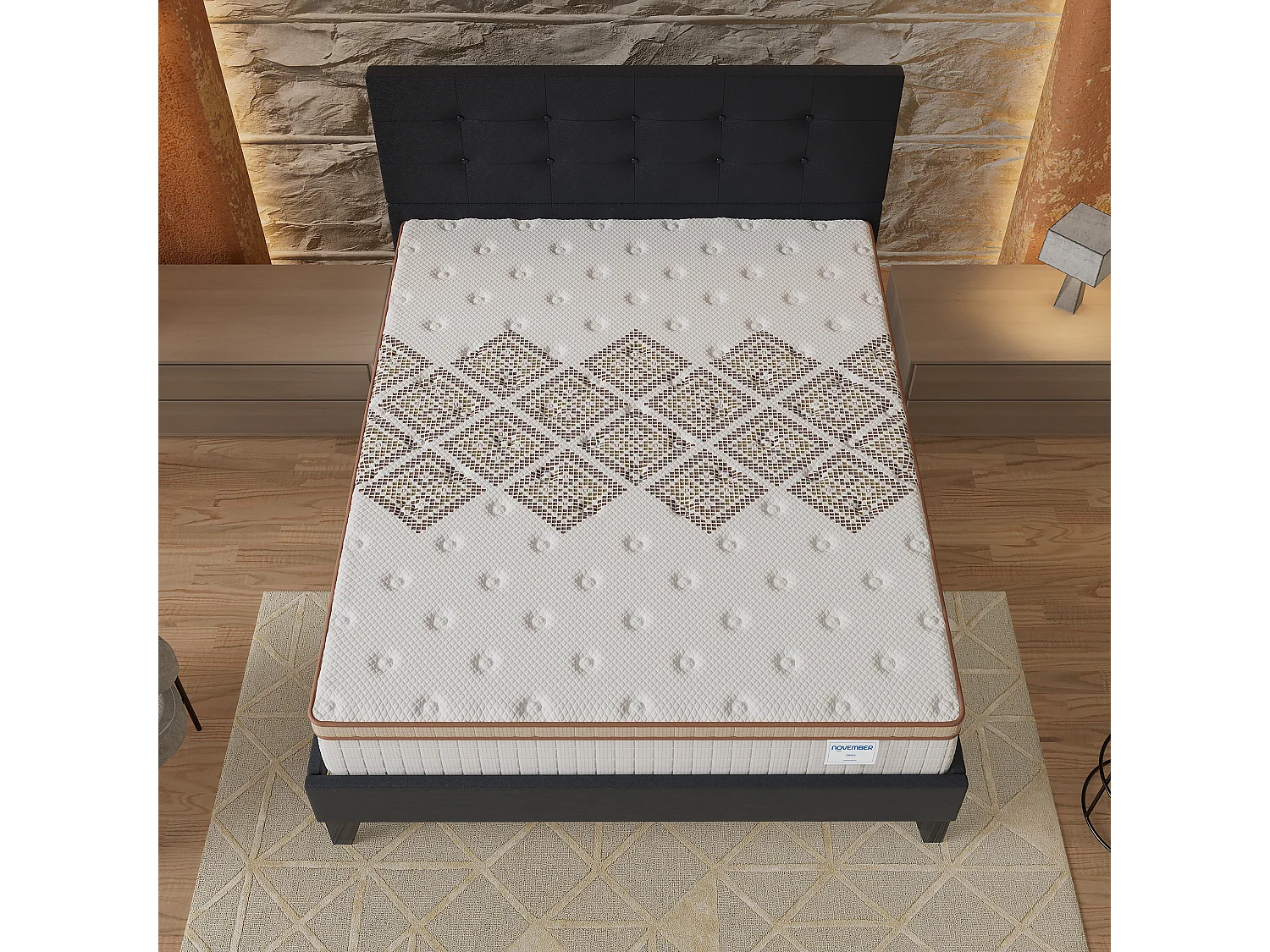 Ensemble Matelas + lit 140x200 cm, Matelas 28cm ressorts ensachés, accueil mousse, lit à tête de lit capitonnée similicuir noir