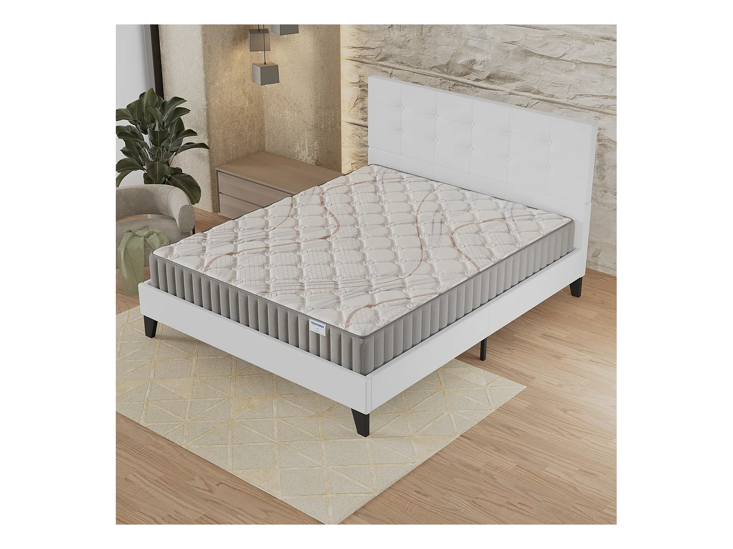 Ensemble matelas + lit 160x200 cm, matelas mousse accueil latex ép.16cm, lit à tête de lit capitonnée similicuir blanc