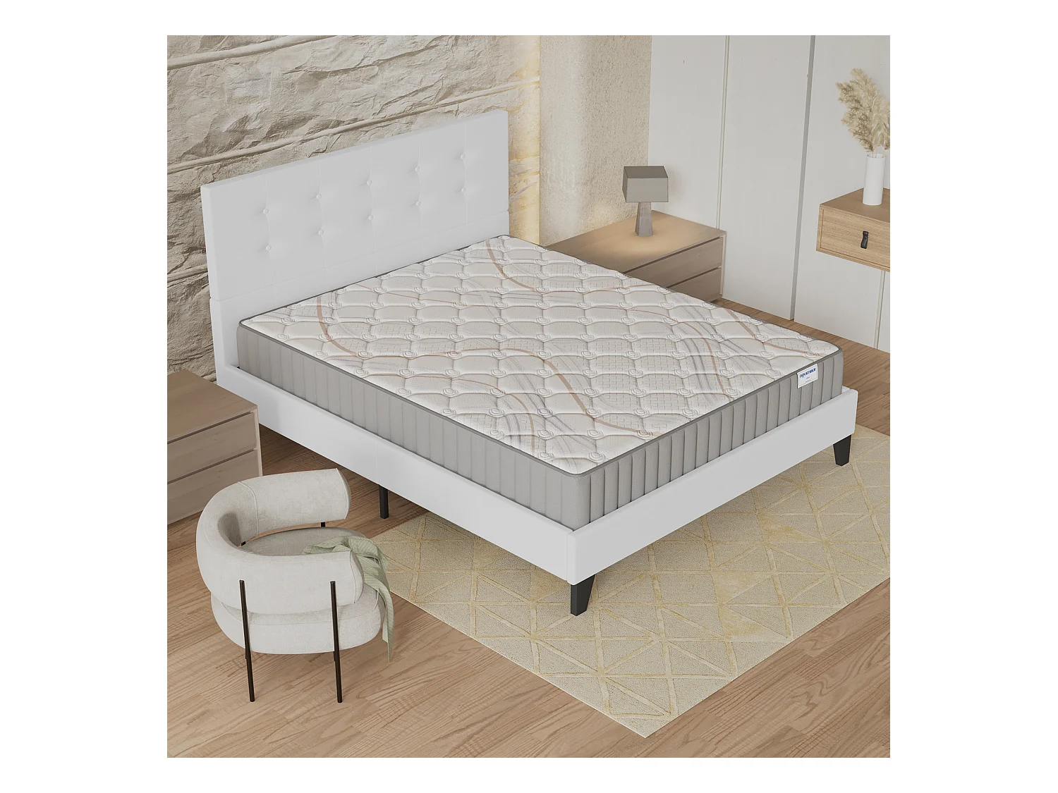 Ensemble matelas + lit 160x200 cm, matelas mousse accueil latex ép.16cm, lit à tête de lit capitonnée similicuir blanc
