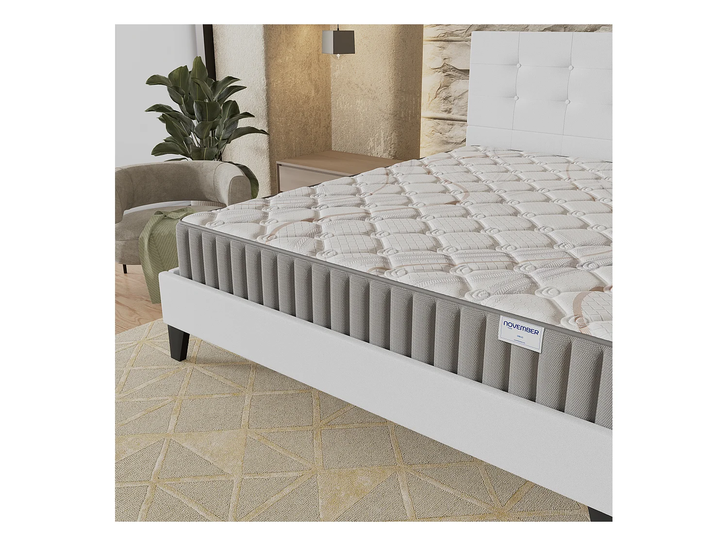 Ensemble matelas + lit 160x200 cm, matelas mousse accueil latex ép.16cm, lit à tête de lit capitonnée similicuir blanc