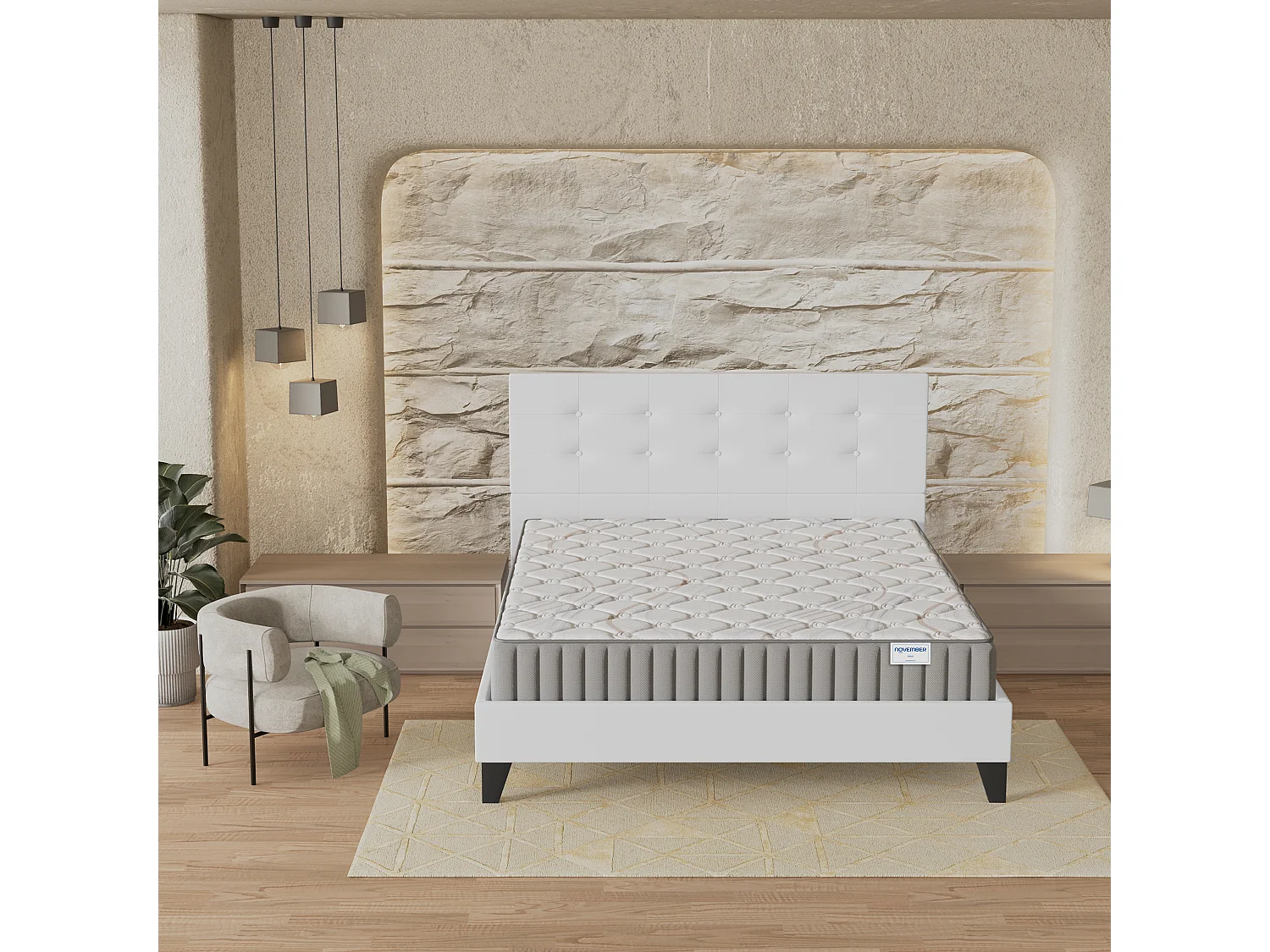 Ensemble matelas + lit 160x200 cm, matelas mousse accueil latex ép.16cm, lit à tête de lit capitonnée similicuir blanc