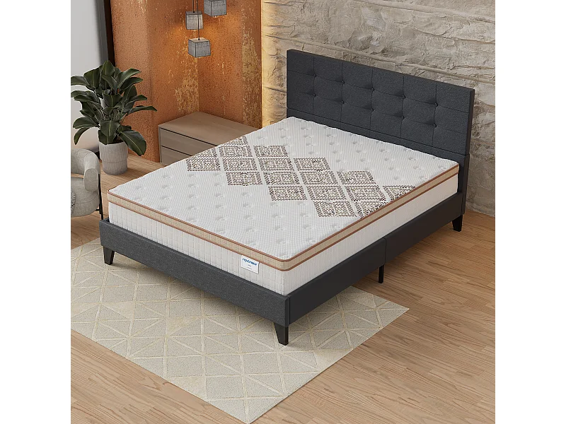 Ensemble Matelas + lit 140x190 cm, Matelas 28cm ressorts ensachés, accueil mousse, lit à tête de lit capitonnée similicuir noir