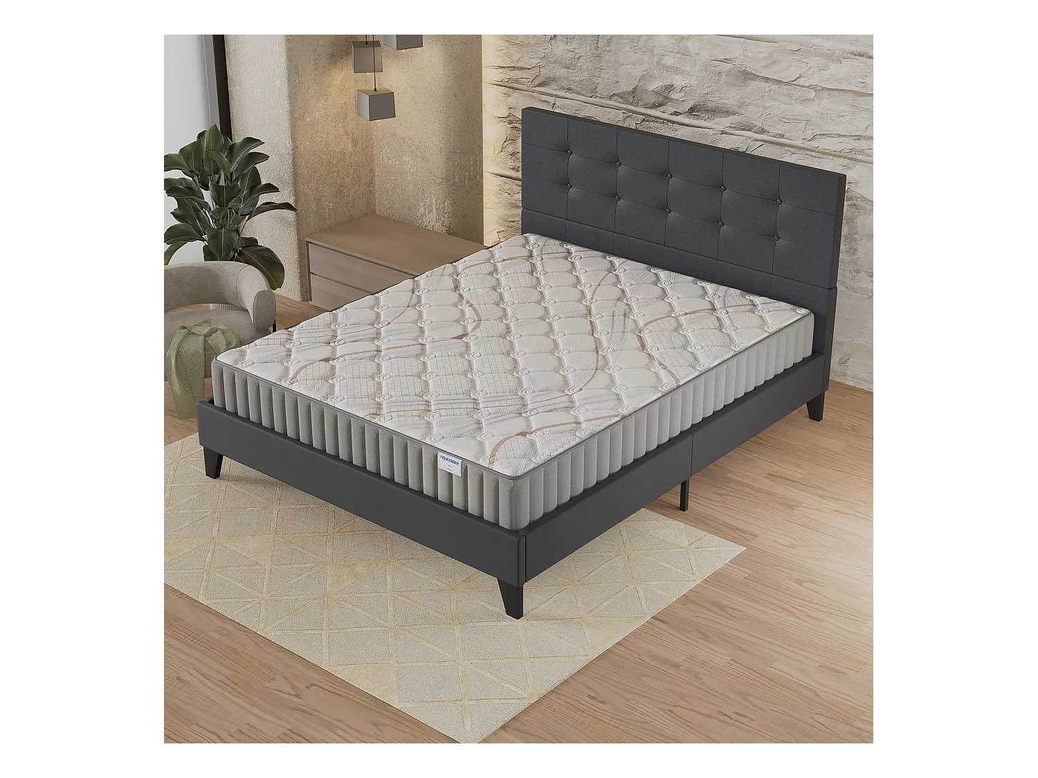 Ensemble matelas + lit 140x190 cm, matelas mousse accueil latex ép.16cm, lit à tête de lit capitonnée similicuir noir