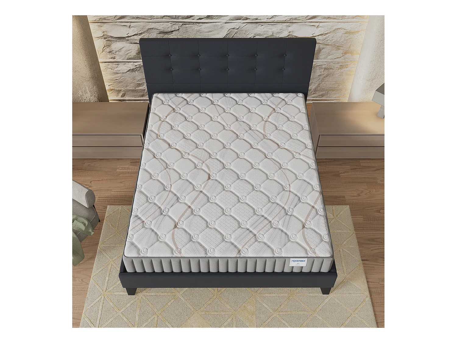 Ensemble matelas + lit 140x190 cm, matelas mousse accueil latex ép.16cm, lit à tête de lit capitonnée similicuir noir