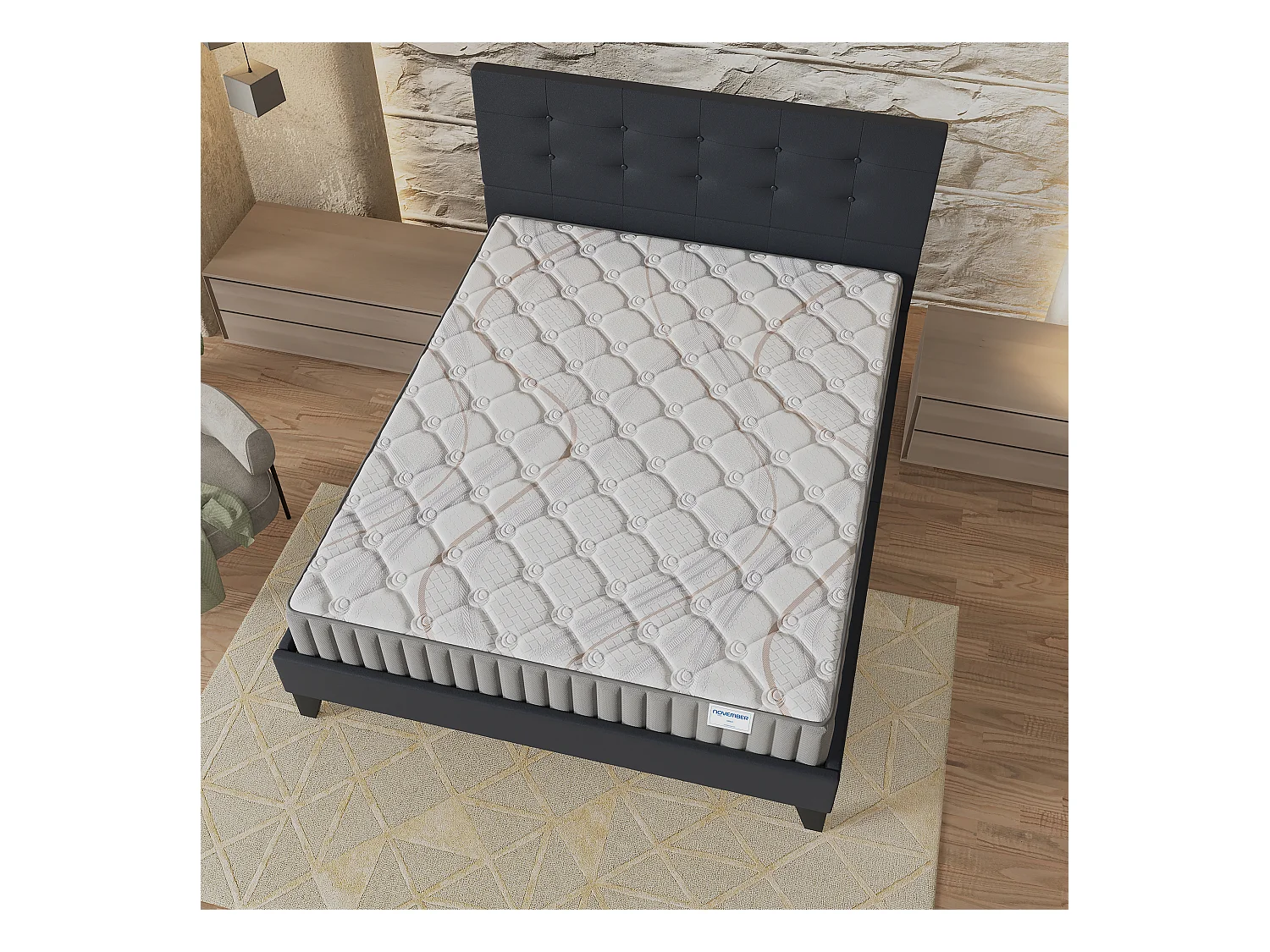 Ensemble matelas + lit 140x190 cm, matelas mousse accueil latex ép.16cm, lit à tête de lit capitonnée similicuir noir