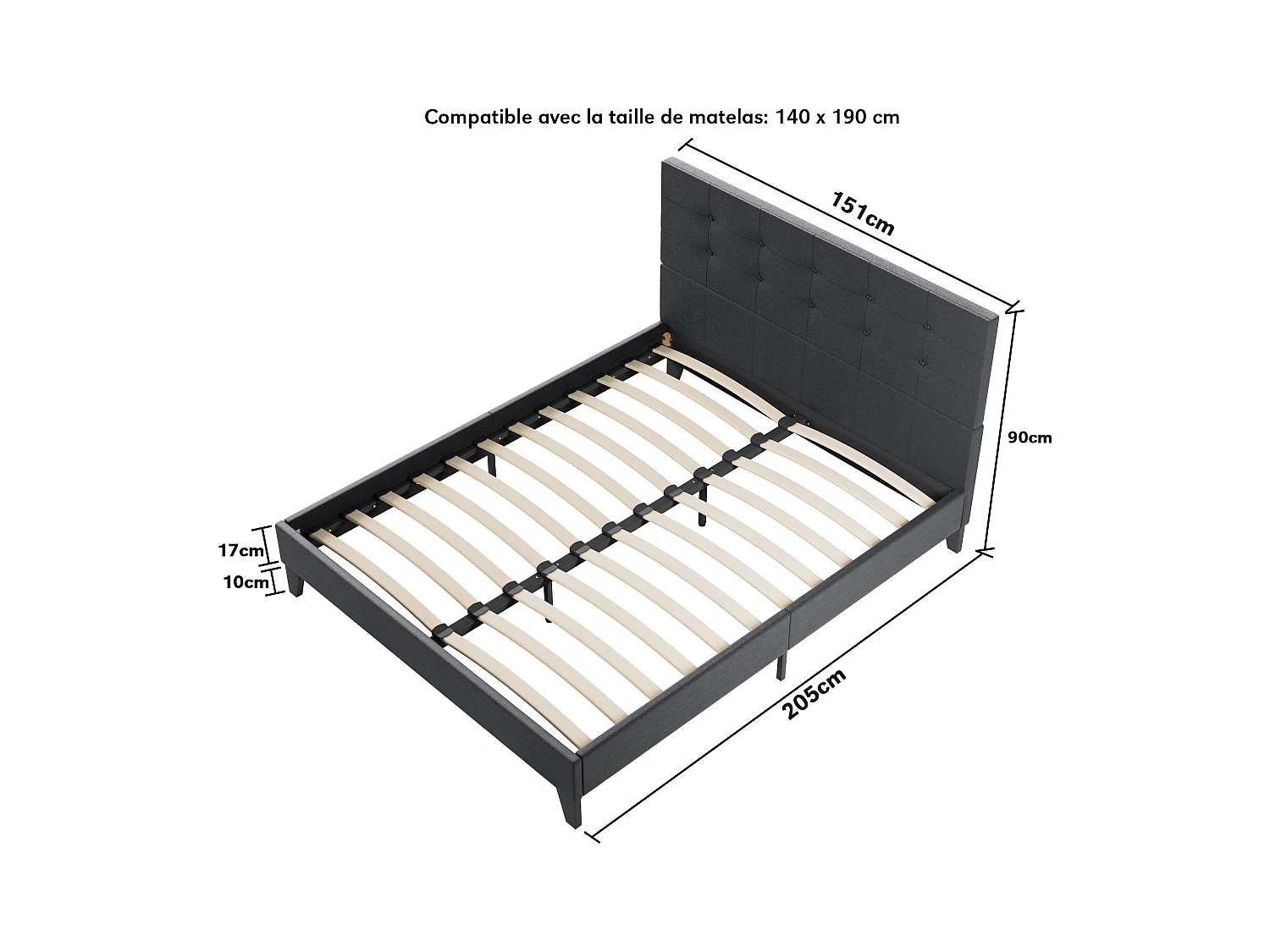 Ensemble matelas + lit 140x190 cm, matelas mousse accueil latex ép.16cm, lit à tête de lit capitonnée similicuir noir