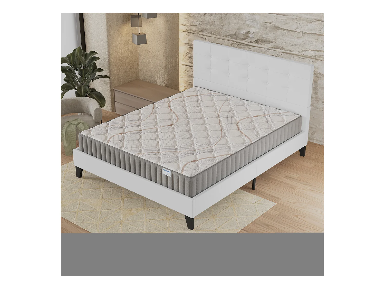 Ensemble matelas + lit 160x200 cm, matelas mousse accueil latex ép.22cm, lit à tête de lit capitonnée similicuir blanc