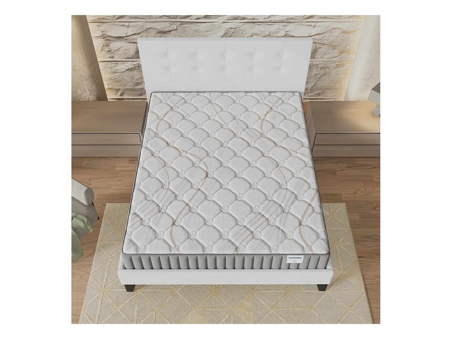Ensemble matelas + lit 160x200 cm, matelas mousse accueil latex ép.22cm, lit à tête de lit capitonnée similicuir blanc
