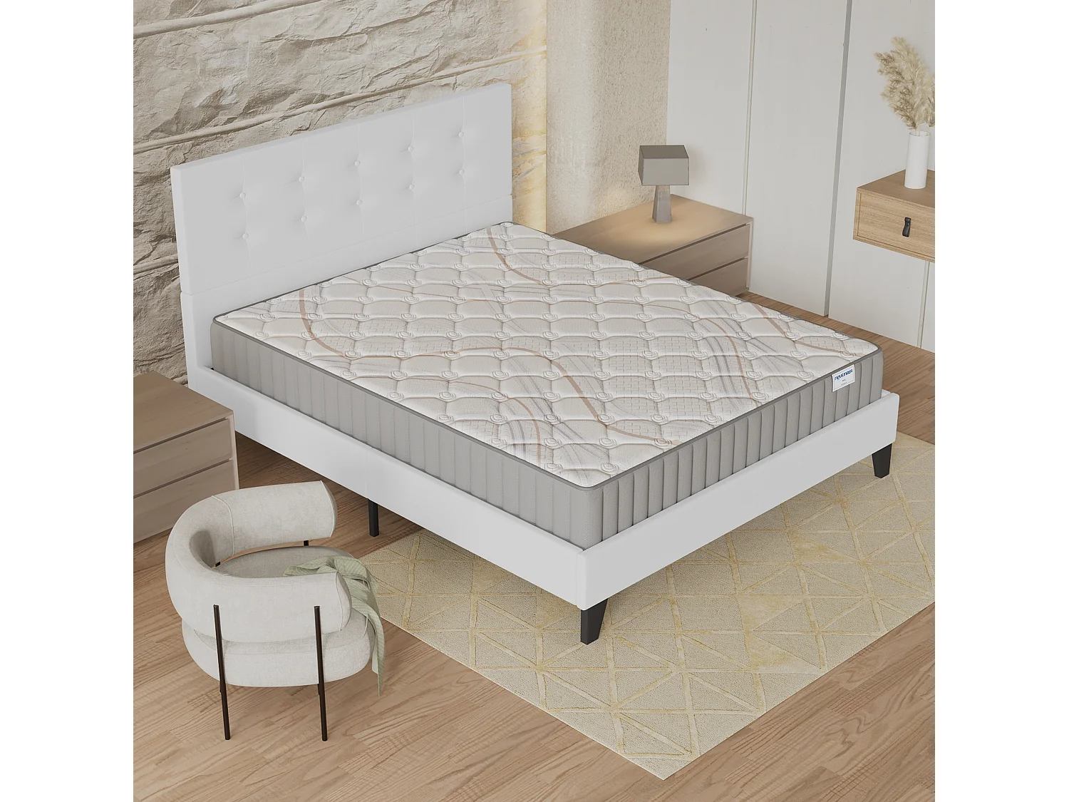 Ensemble matelas + lit 160x200 cm, matelas mousse accueil latex ép.22cm, lit à tête de lit capitonnée similicuir blanc